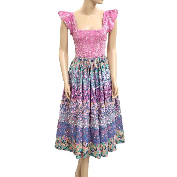 Caroline Constas Floral Printed Midi Dress Smocked Cutout Cotton Pink XS 283047 - Picture 1 of 6